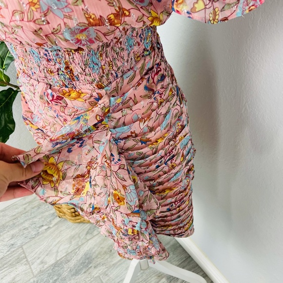 NWT WALTER BAKER FLORAL FITTED SMOCKED WAIST RUFFLE PINK PRIMROSE CHIFFON DRESS - Picture 4 of 8